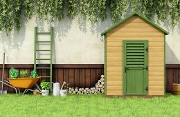 Garden with gardening tools and wooden shed with closed door