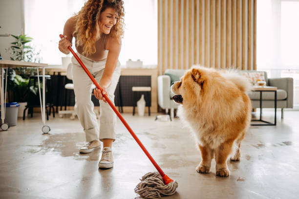 Housewife and her dog mopping on the floor